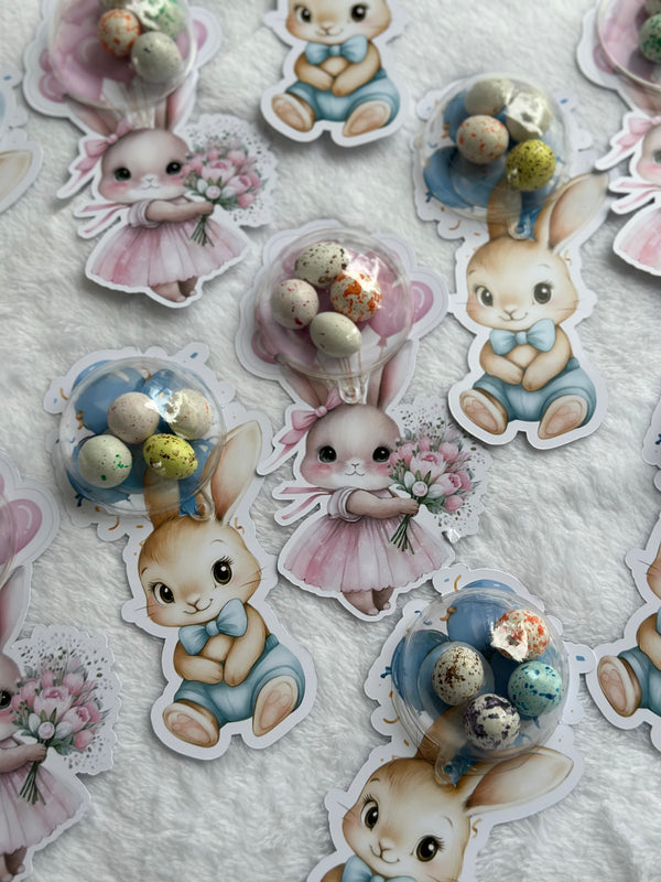 Girl & Boy Bunny Twin Welcome Chocolate Card — Bonbon Dome Favour — Chocoodad Baku