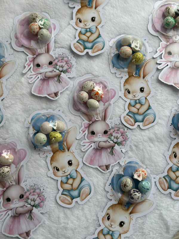 Girl & Boy Bunny Twin Welcome Chocolate Card — Bonbon Dome Favour — Chocoodad Baku