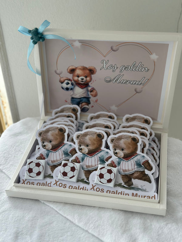 Football Theme Welcome Baby Boy Chocolate Box — White Newborn Gift Set — 30 Chocolate & Box — Chocoodad Baku