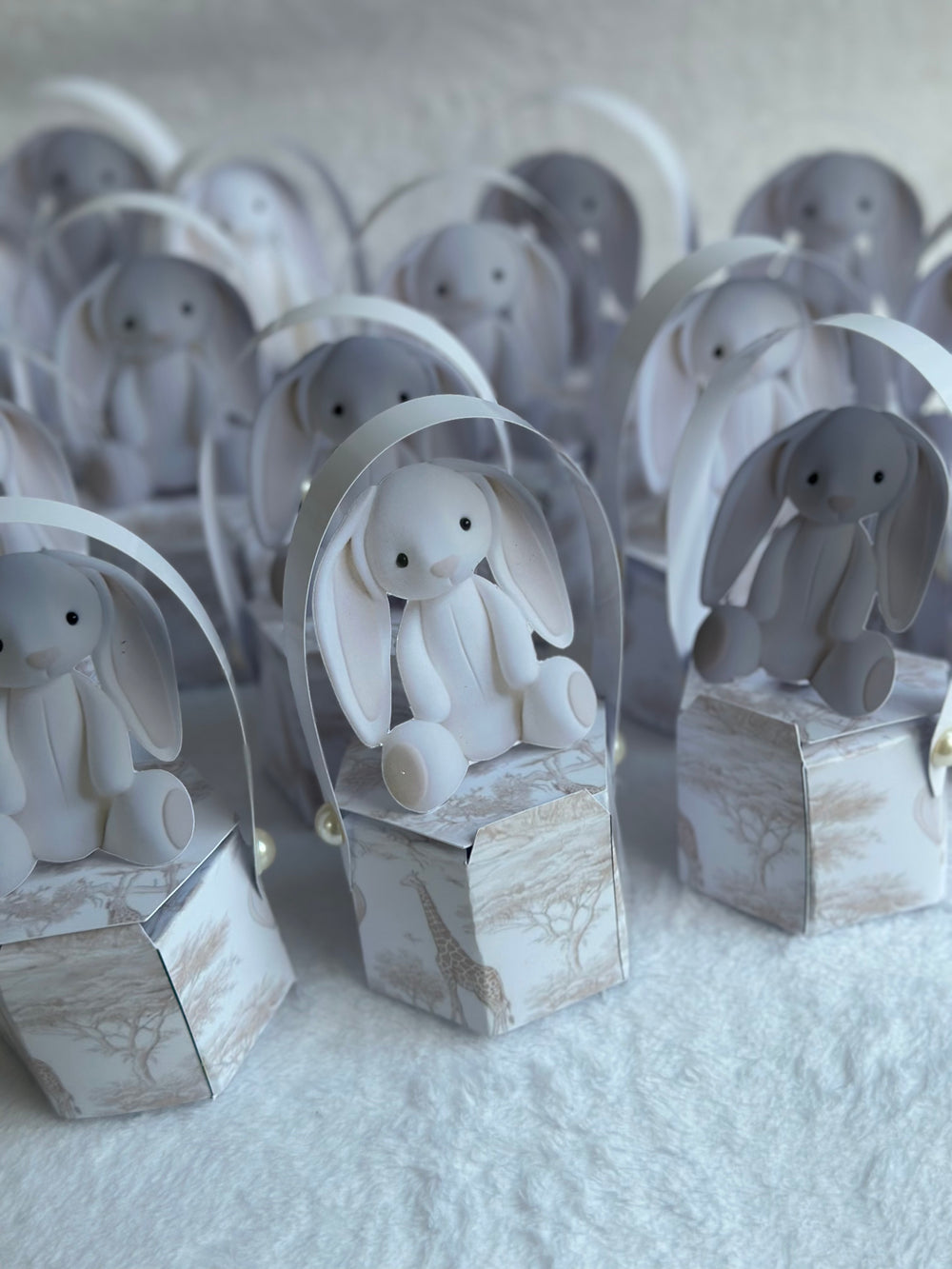 White Plush Bunny Newborn Mini Box — Safari Toile Favour Gift — Chocoodad Baku