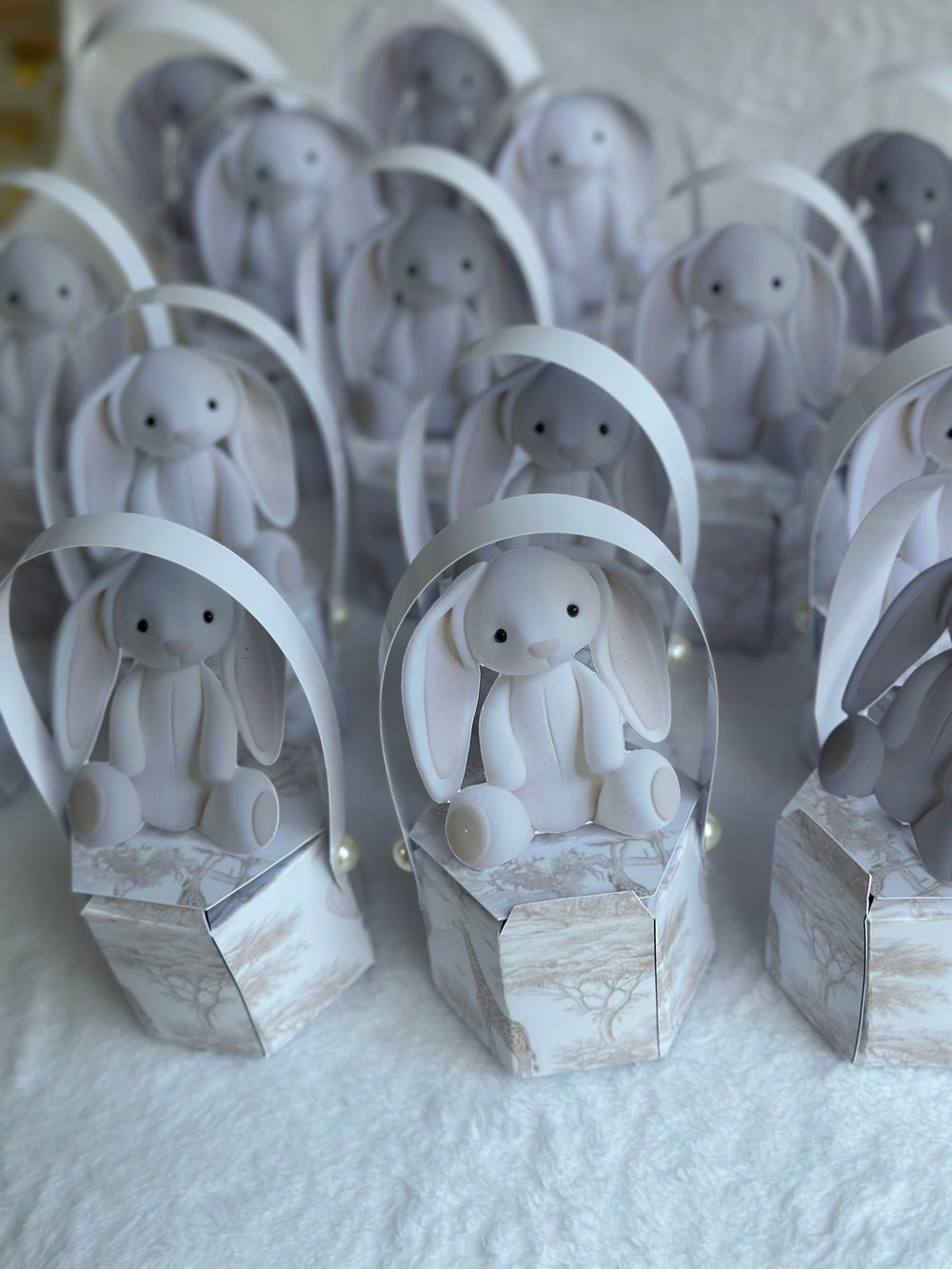 White Plush Bunny Newborn Mini Box — Safari Toile Favour Gift — Chocoodad Baku