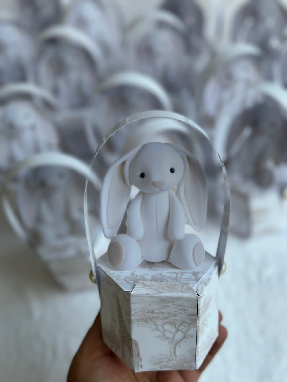 White Plush Bunny Newborn Mini Box — Safari Toile Favour Gift — Chocoodad Baku