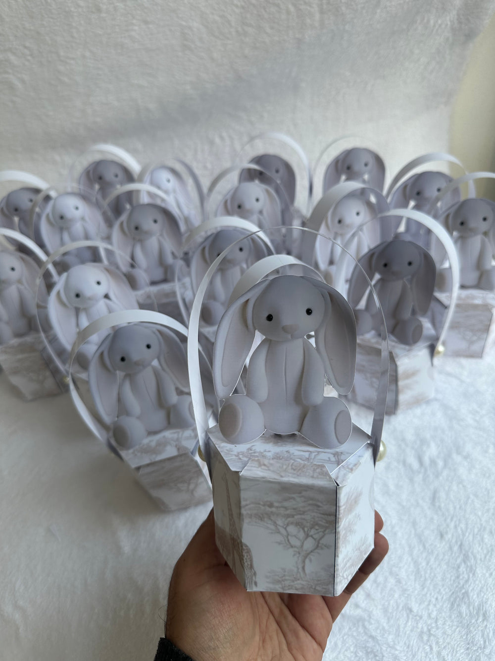 White Plush Bunny Newborn Mini Box — Safari Toile Favour Gift — Chocoodad Baku