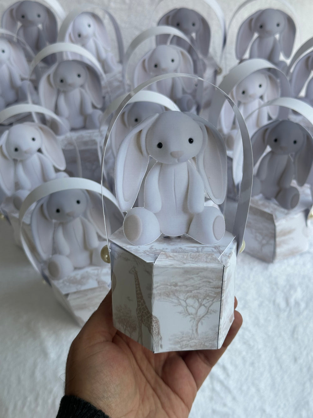 White Plush Bunny Newborn Mini Box — Safari Toile Favour Gift — Chocoodad Baku