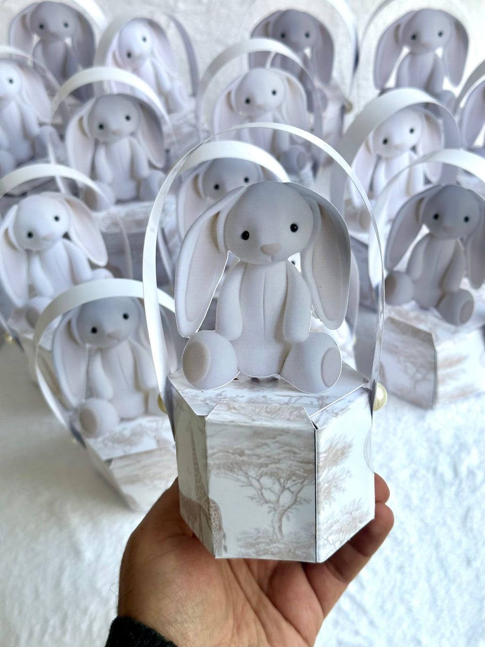 White Plush Bunny Newborn Mini Box — Safari Toile Favour Gift — Chocoodad Baku