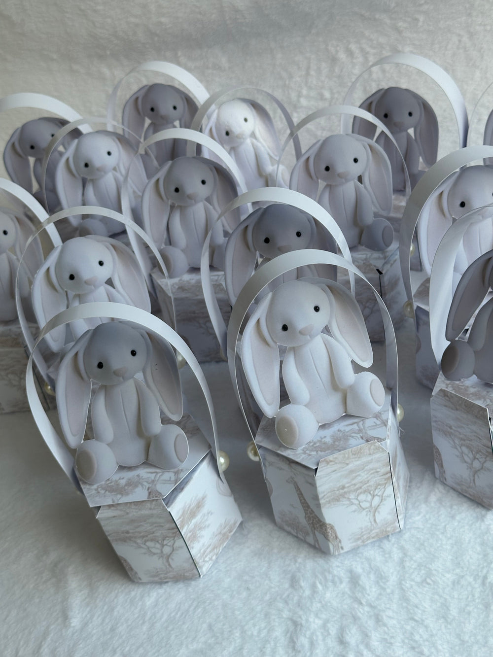 White Plush Bunny Newborn Mini Box — Safari Toile Favour Gift — Chocoodad Baku