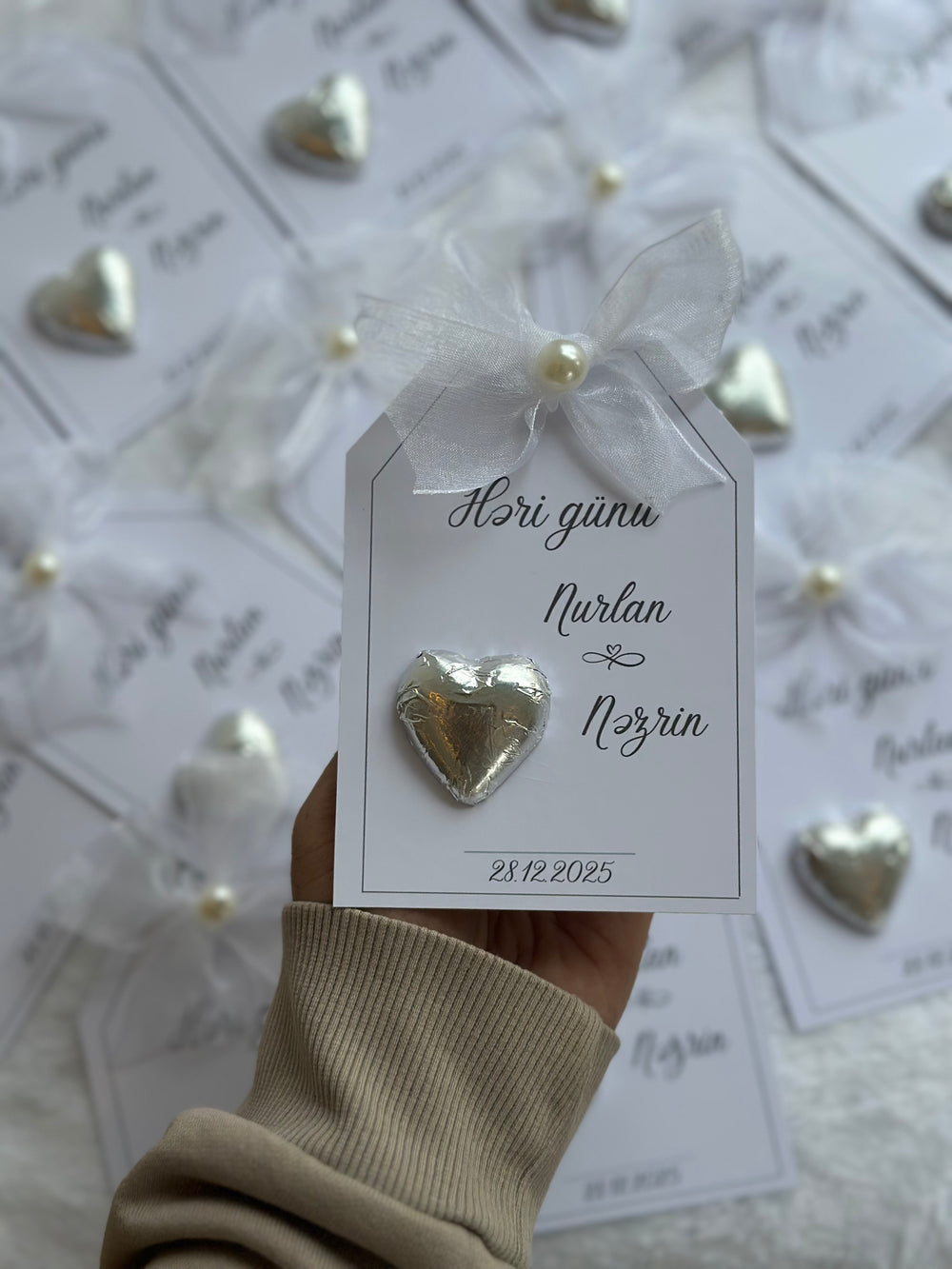 Yes Day Couple Name Chocolate Card — Silver Heart & Pearl Organza Bow — Chocoodad Baku