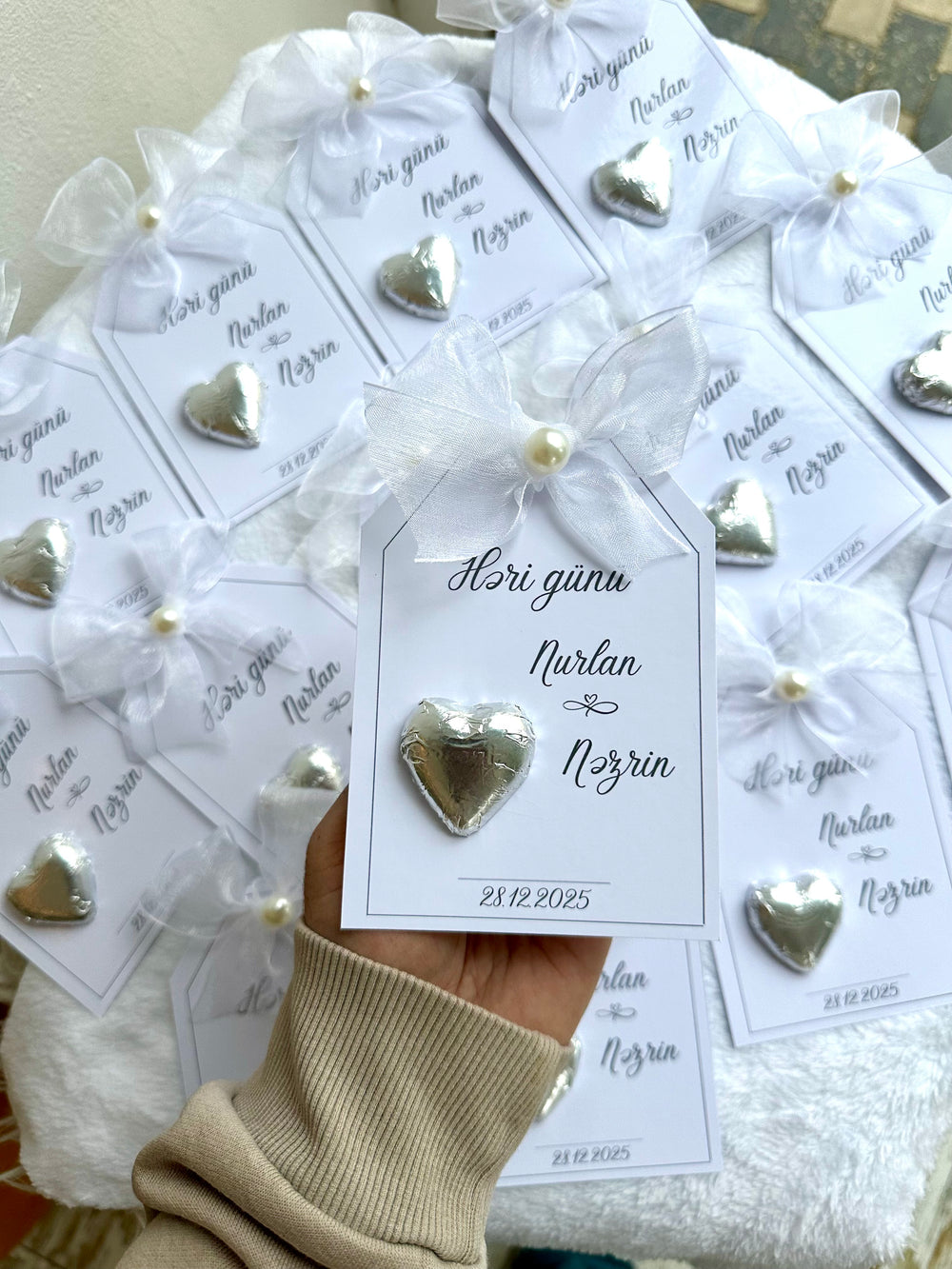 Yes Day Couple Name Chocolate Card — Silver Heart & Pearl Organza Bow — Chocoodad Baku
