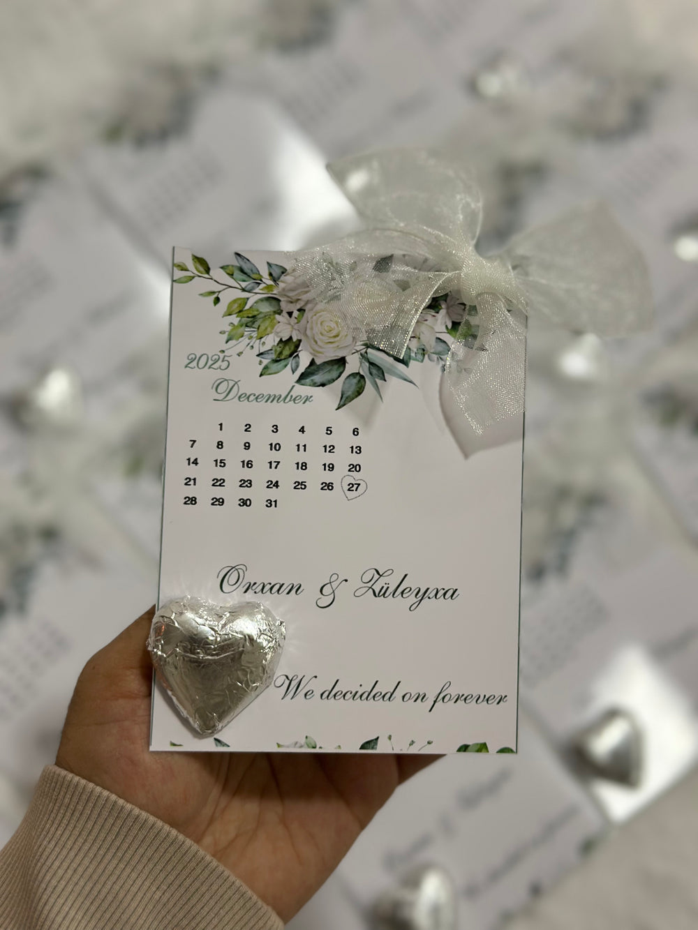 Botanical Engagement Chocolate Card — Calendar Date & Silver Heart — Chocoodad Baku