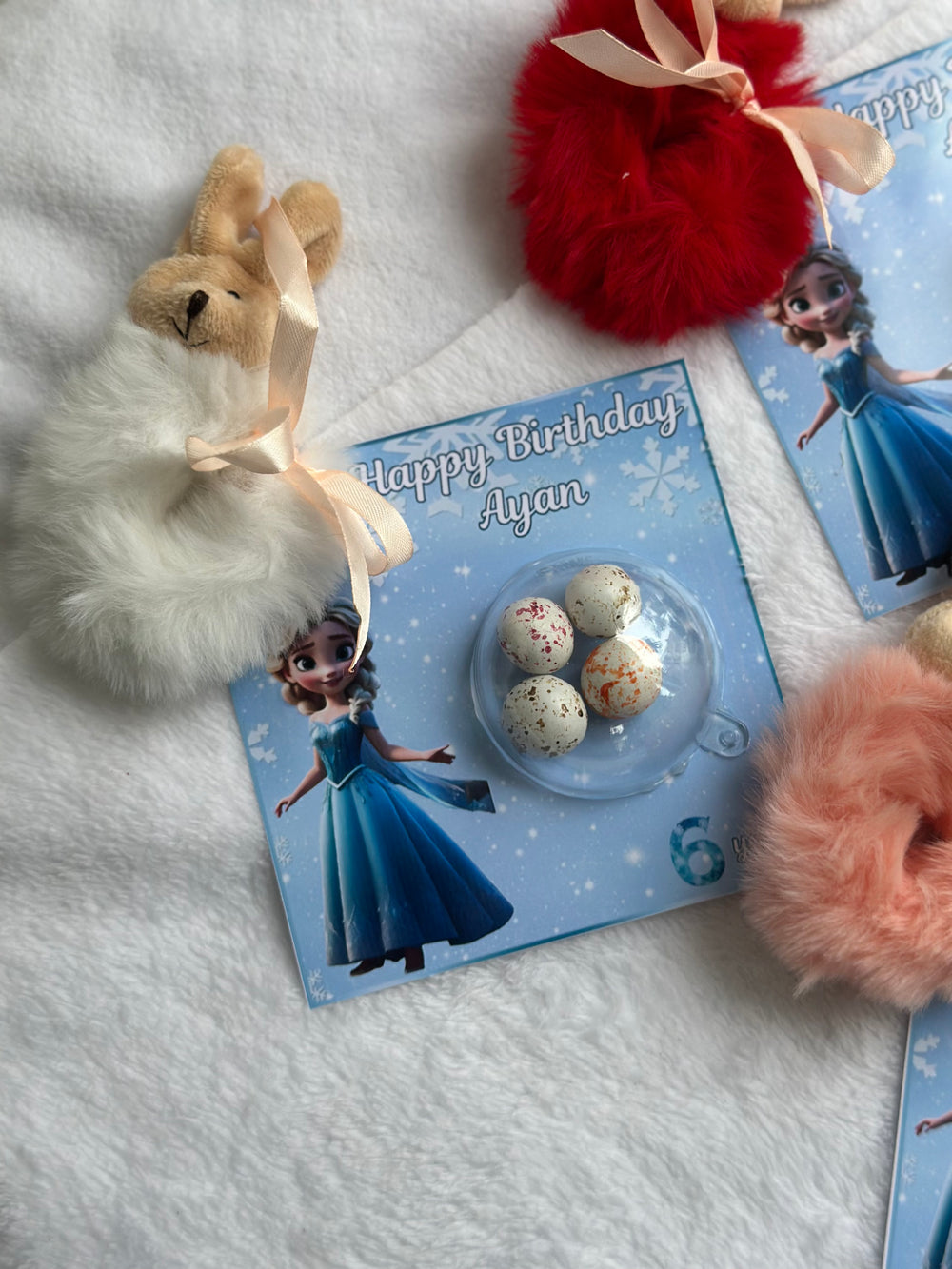 Frozen Elsa Birthday Favour Card — Puffy Bunny Hair Clip & Bonbon — Chocoodad Baku