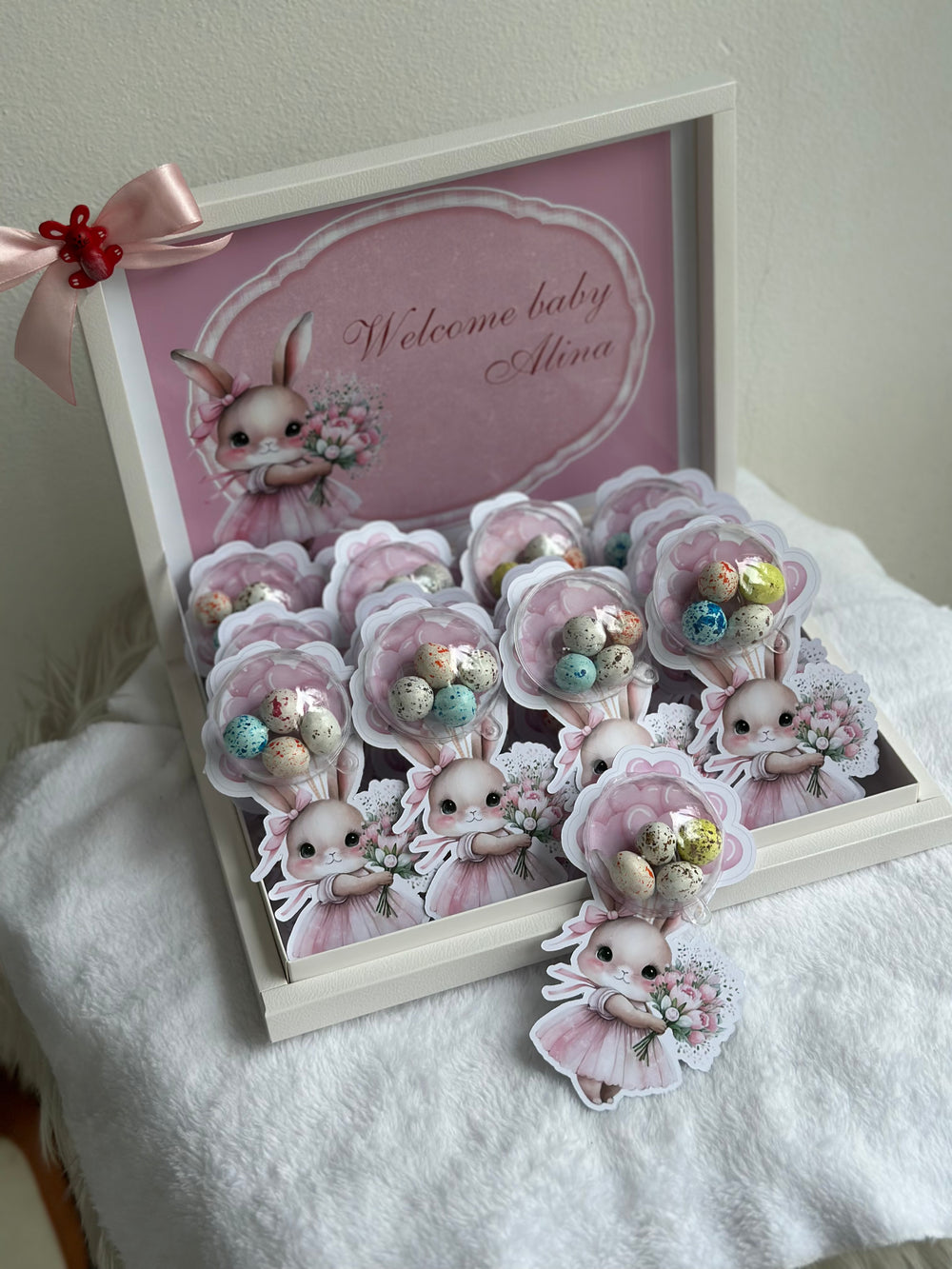 Pink Bunny Welcome Baby Girl Shadow Box — Bonbon Card Display — Chocoodad Baku