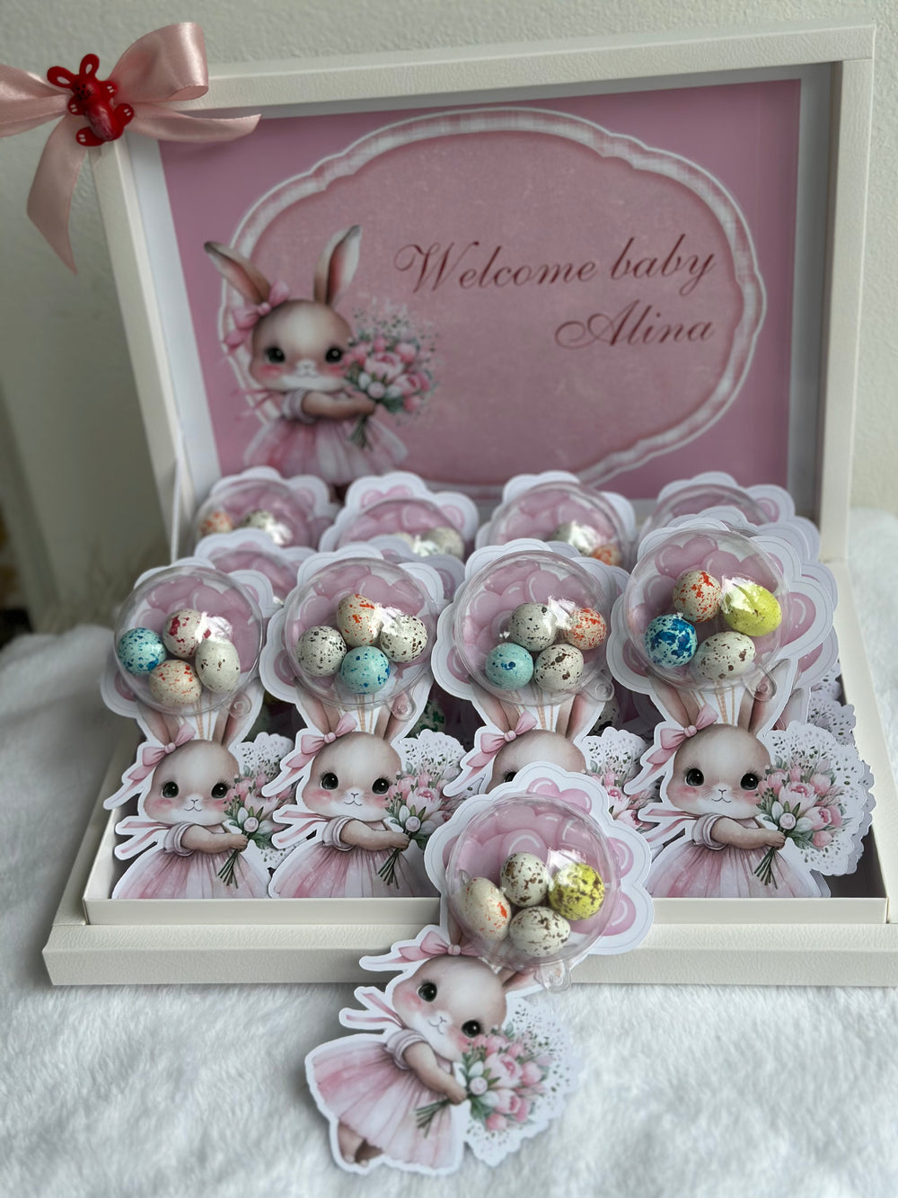 Pink Bunny Welcome Baby Girl Shadow Box — Bonbon Card Display — Chocoodad Baku
