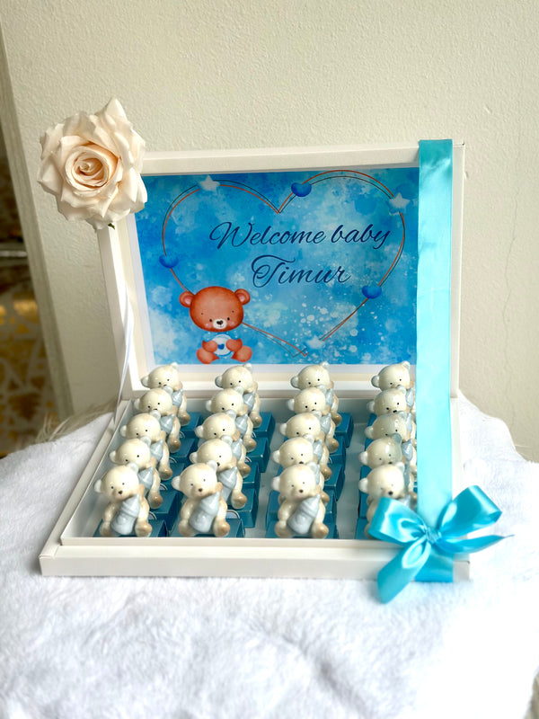 Porcelain Teddy Bear Newborn Welcome Box — (20 chocolates with porcelain gift & box) — Chocoodad Baku
