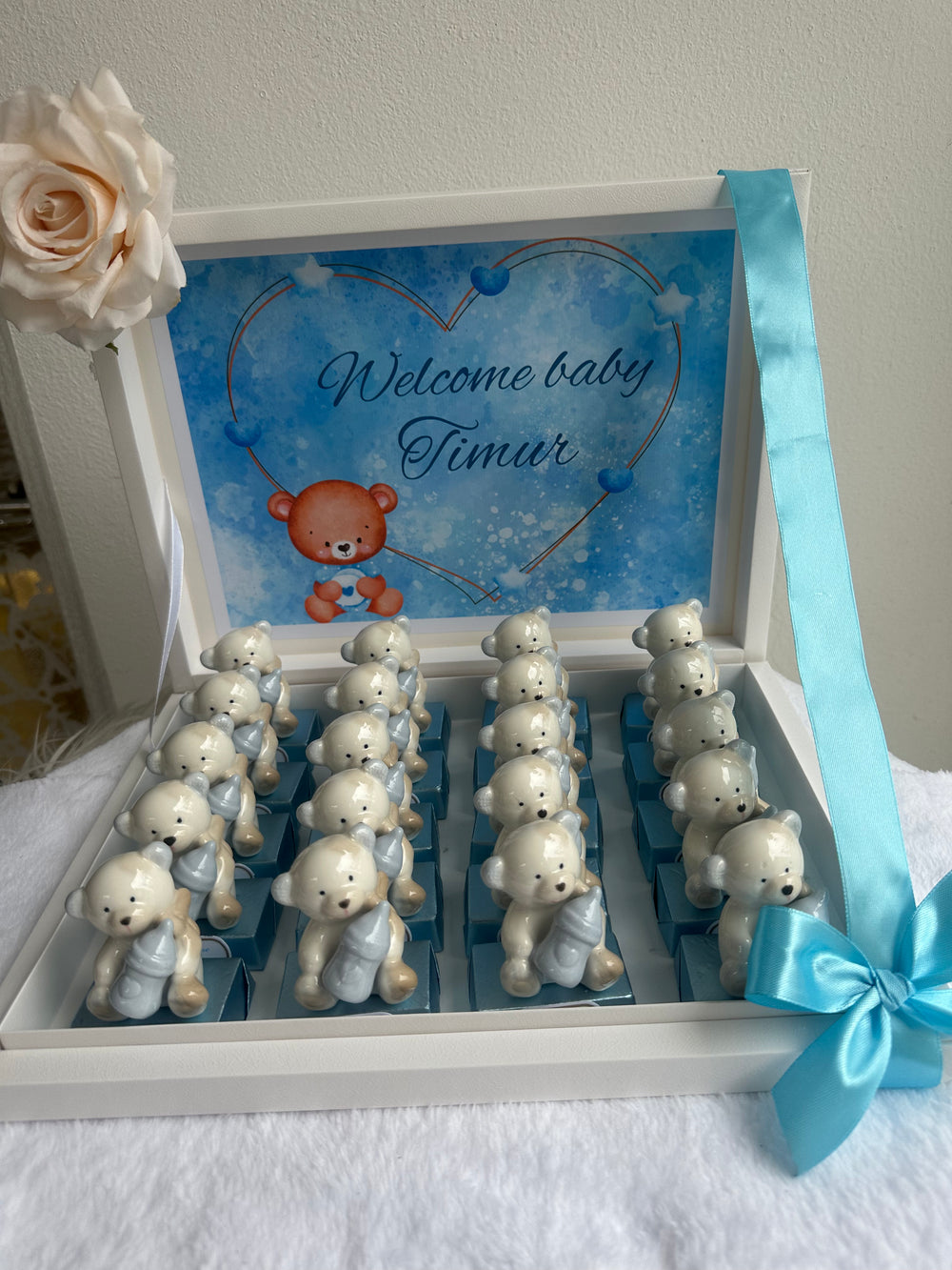 Porcelain Teddy Bear Newborn Welcome Box — (20 chocolates with porcelain gift & box) — Chocoodad Baku