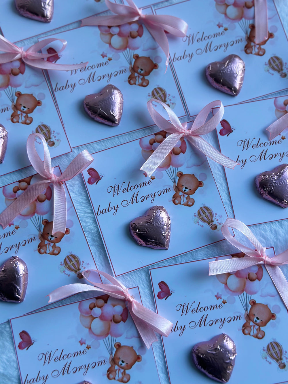 Teddy Bear Hot Air Balloon Welcome Baby Chocolate Card — Blue Newborn Favour — Chocoodad Baku