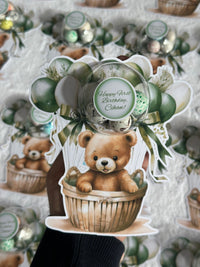 Green Teddy Bear Hot Air Balloon 1st Birthday Bonbon Card — Sage Gift — Chocoodad Baku