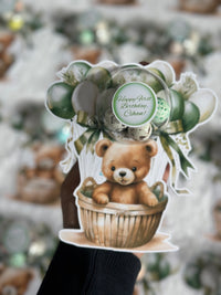 Green Teddy Bear Hot Air Balloon 1st Birthday Bonbon Card — Sage Gift — Chocoodad Baku