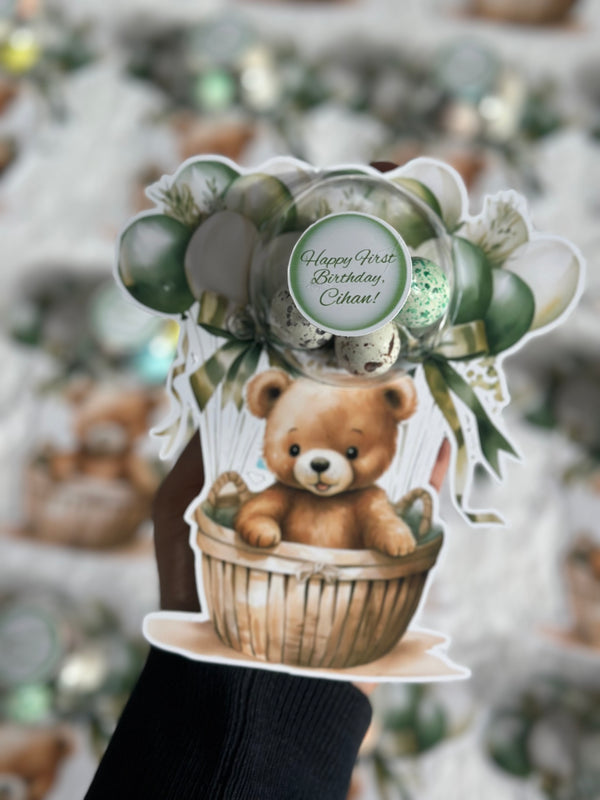 Green Teddy Bear Hot Air Balloon 1st Birthday Bonbon Card — Sage Gift — Chocoodad Baku