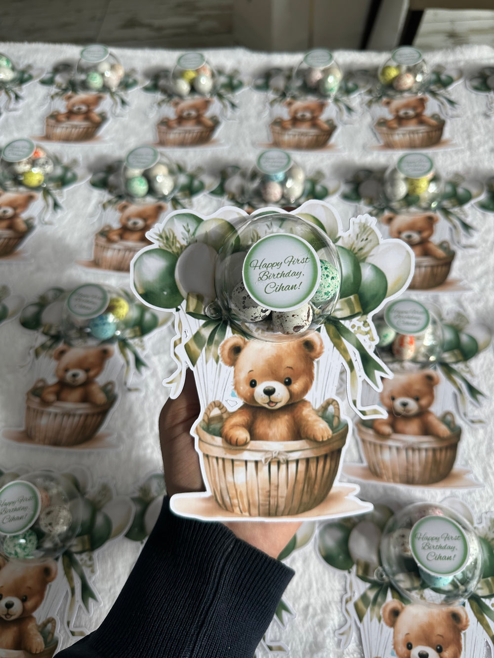 Green Teddy Bear Hot Air Balloon 1st Birthday Bonbon Card — Sage Gift — Chocoodad Baku