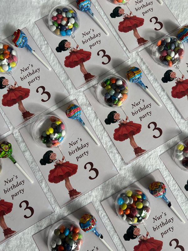 Red Dress Girl Birthday Bonbon & Lollipop Card — Colourful Dragee — Chocoodad Baku