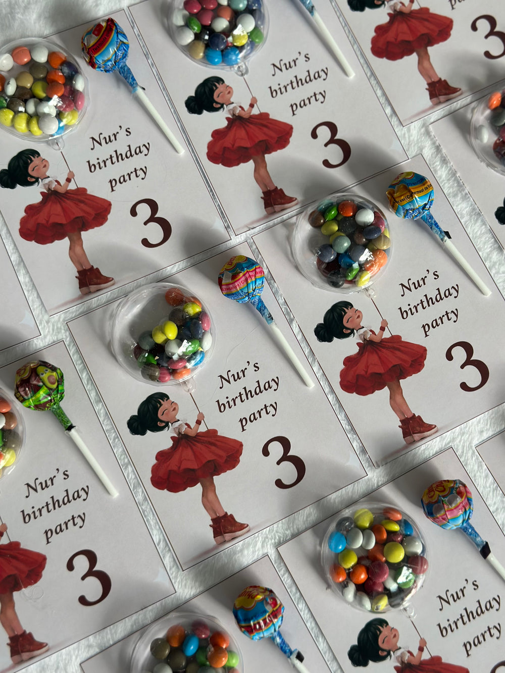 Red Dress Girl Birthday Bonbon & Lollipop Card — Colourful Dragee — Chocoodad Baku
