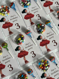 Red Dress Girl Birthday Bonbon & Lollipop Card — Colourful Dragee — Chocoodad Baku