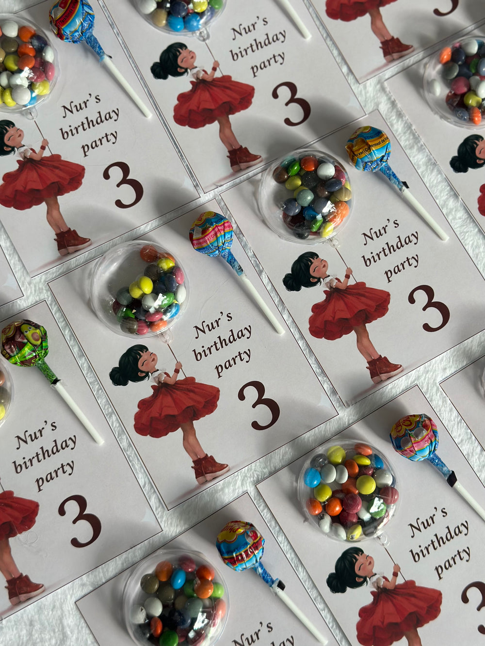 Red Dress Girl Birthday Bonbon & Lollipop Card — Colourful Dragee — Chocoodad Baku