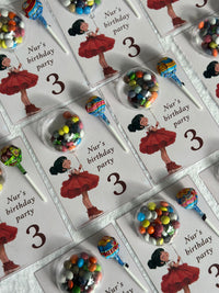 Red Dress Girl Birthday Bonbon & Lollipop Card — Colourful Dragee — Chocoodad Baku