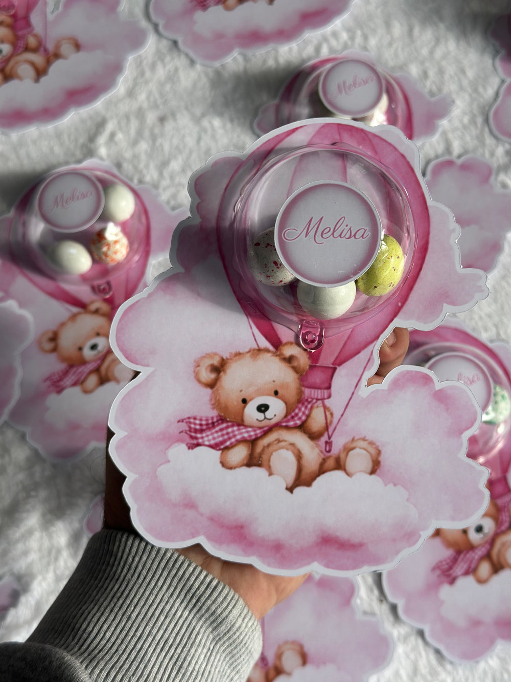 Pink Teddy Bear Hot Air Balloon Welcome Baby Girl Card — Bonbon Dome — Chocoodad Baku