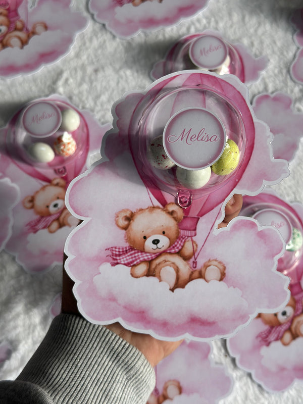 Pink Teddy Bear Hot Air Balloon Welcome Baby Girl Card — Bonbon Dome — Chocoodad Baku