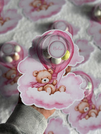 Pink Teddy Bear Hot Air Balloon Welcome Baby Girl Card — Bonbon Dome — Chocoodad Baku