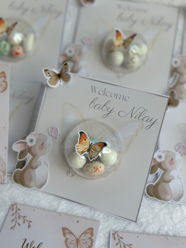 Boho Bunny Butterfly Welcome Baby Favour Card — Speckled Bonbon Gift — Chocoodad Baku