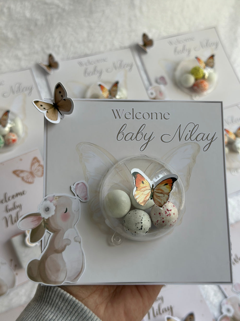 Boho Bunny Butterfly Welcome Baby Favour Card — Speckled Bonbon Gift — Chocoodad Baku