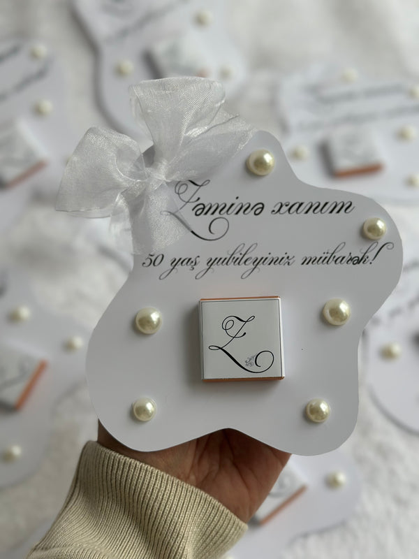 Pearl Anniversary Chocolate Card — Organza Bow & Monogram Gift — Chocoodad Baku