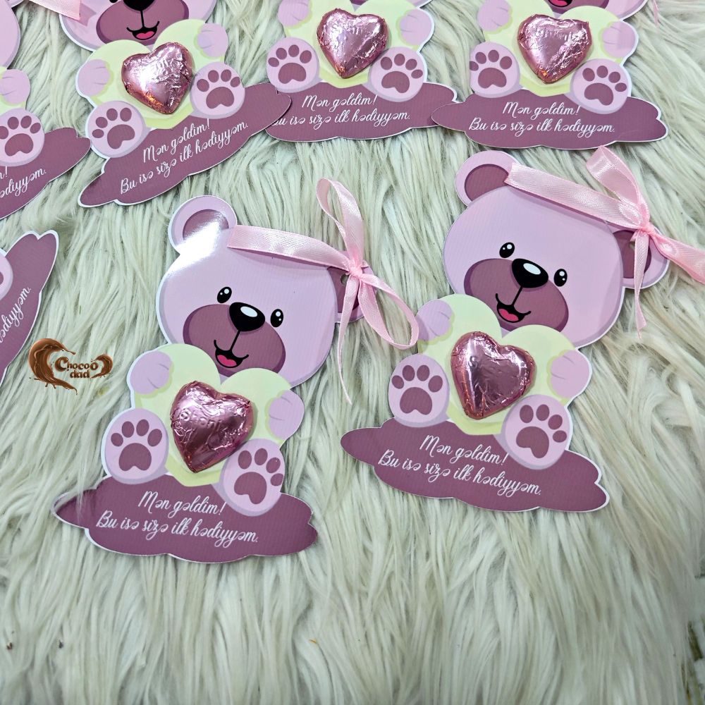 Pink Teddy Bear Design – "I Have Arrived, and This Is My First Gift to You" Baby Shower Chocolate Cards