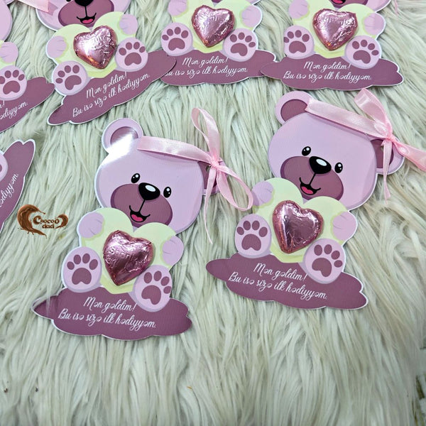 Pink Teddy Bear Design – "I Have Arrived, and This Is My First Gift to You" Baby Shower Chocolate Cards
