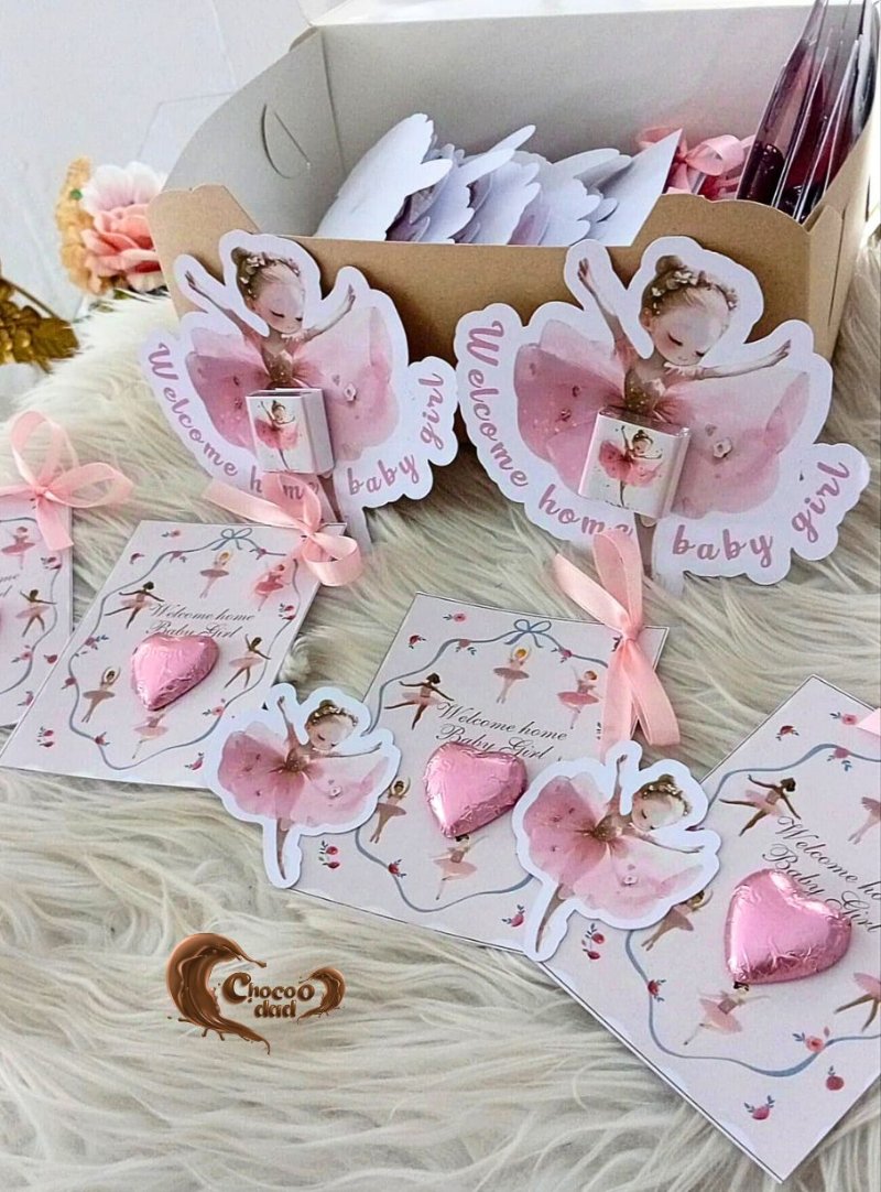 WelcomeBabyGirl #BallerinaChocolate #PinkTheme #BelgianChocolate #BabyShowerGifts #CustomChocolateCards #PremiumChocolates