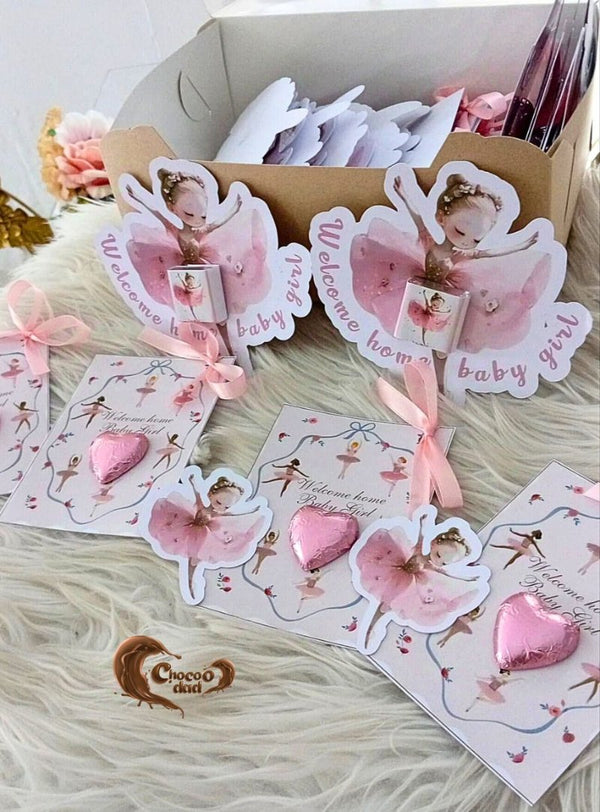 WelcomeBabyGirl #BallerinaChocolate #PinkTheme #BelgianChocolate #BabyShowerGifts #CustomChocolateCards #PremiumChocolates