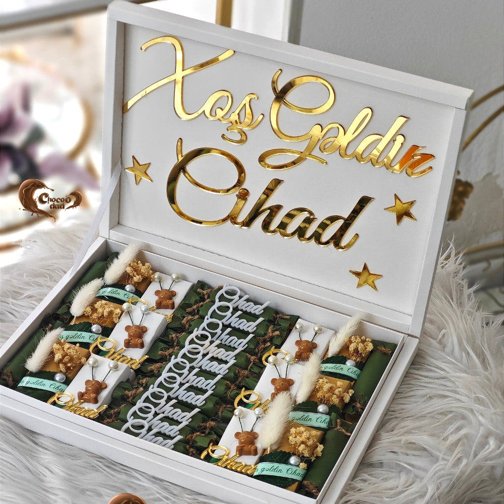 "Welcome Baby" 30-Piece Chocolate Box with Teddy & Floral Decorations