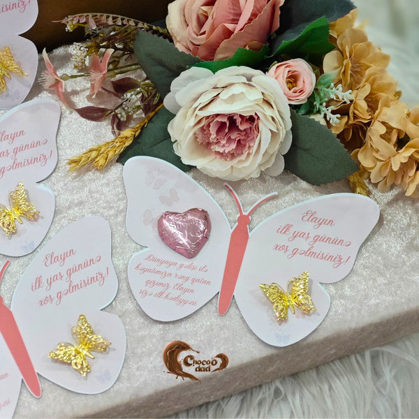 Welcome to Elia's First Birthday - Pink Butterfly Design Chocolate Cards
