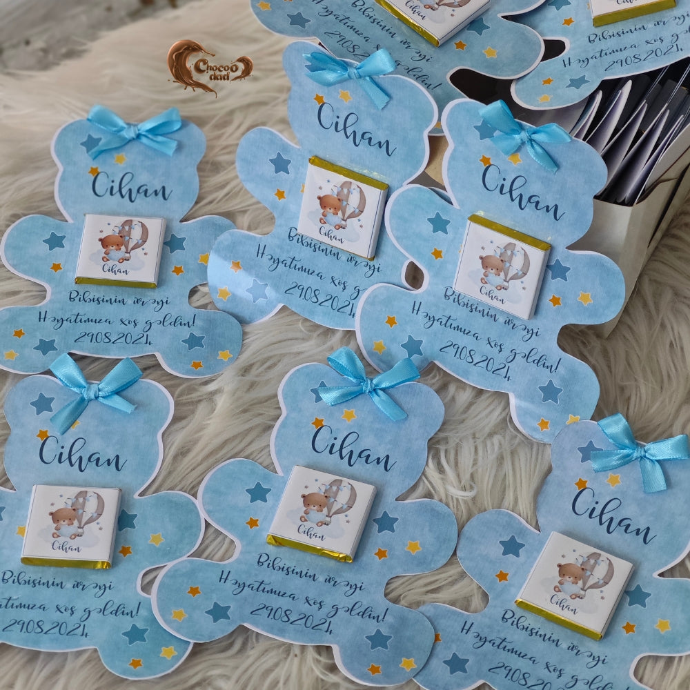 Welcome to Our Life" Blue Teddy Bear-Shaped Chocolate Card