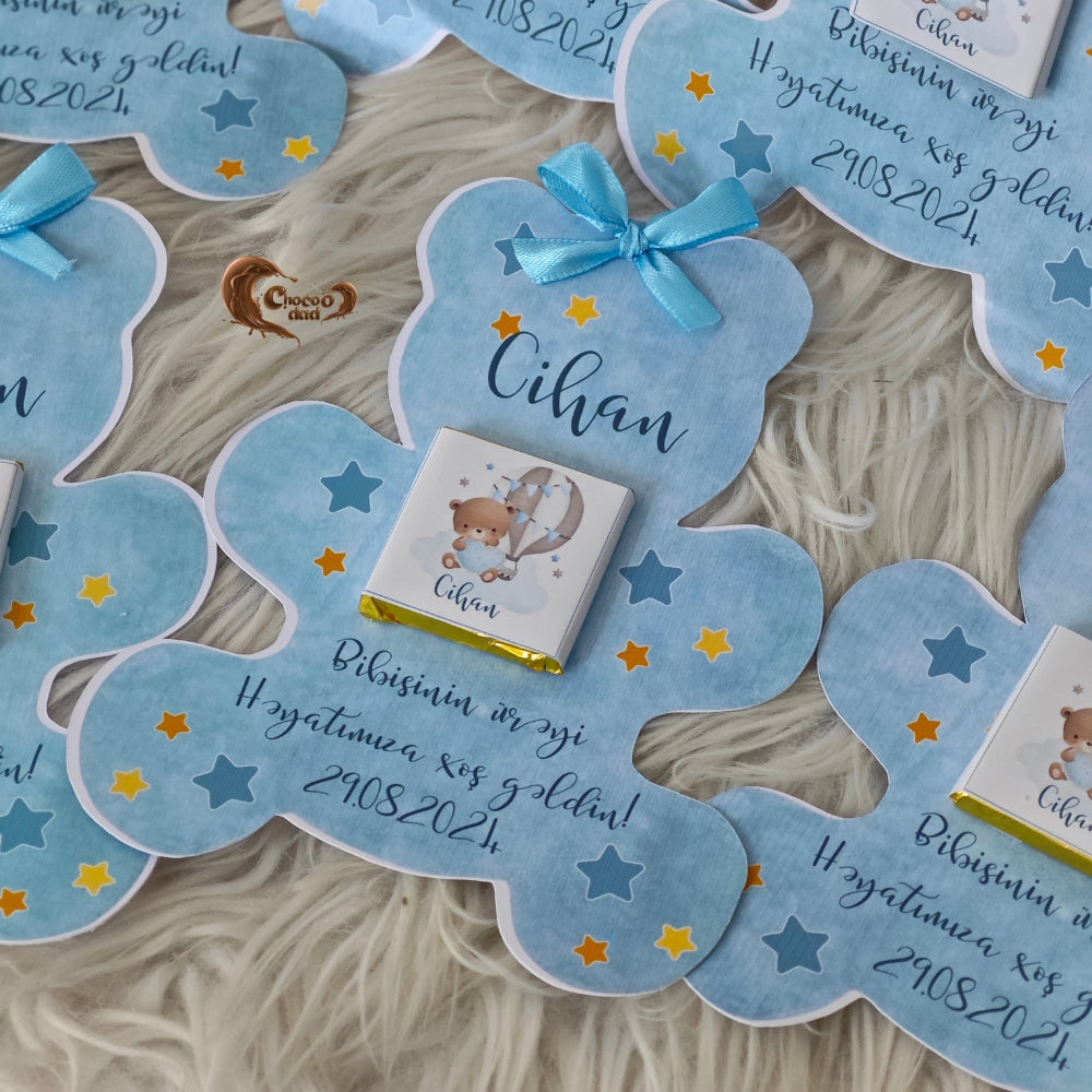 "Welcome to Our Life" Blue Teddy Bear-Shaped Chocolate Card for Baby Boy