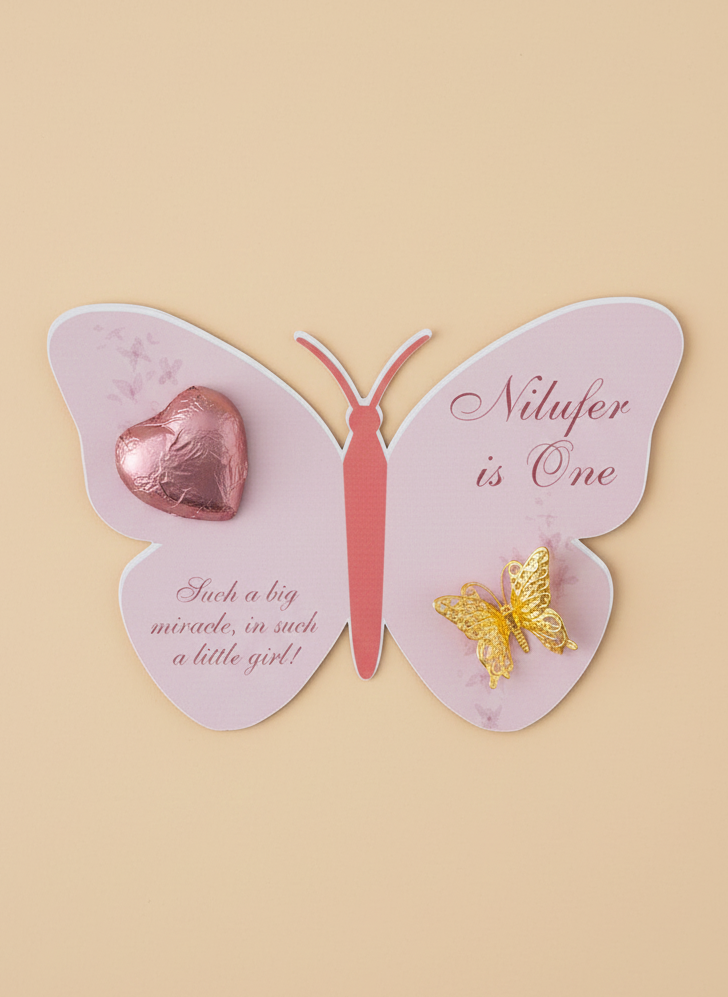 Butterfly-shaped card with a pink butterfly and decorative elements on a beige background chocolate cards