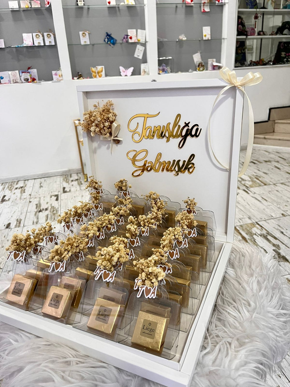 Yes Day Gold Acrylic Khoncha Box — Dried Flower & Liege Chocolate Display — Chocoodad Baku