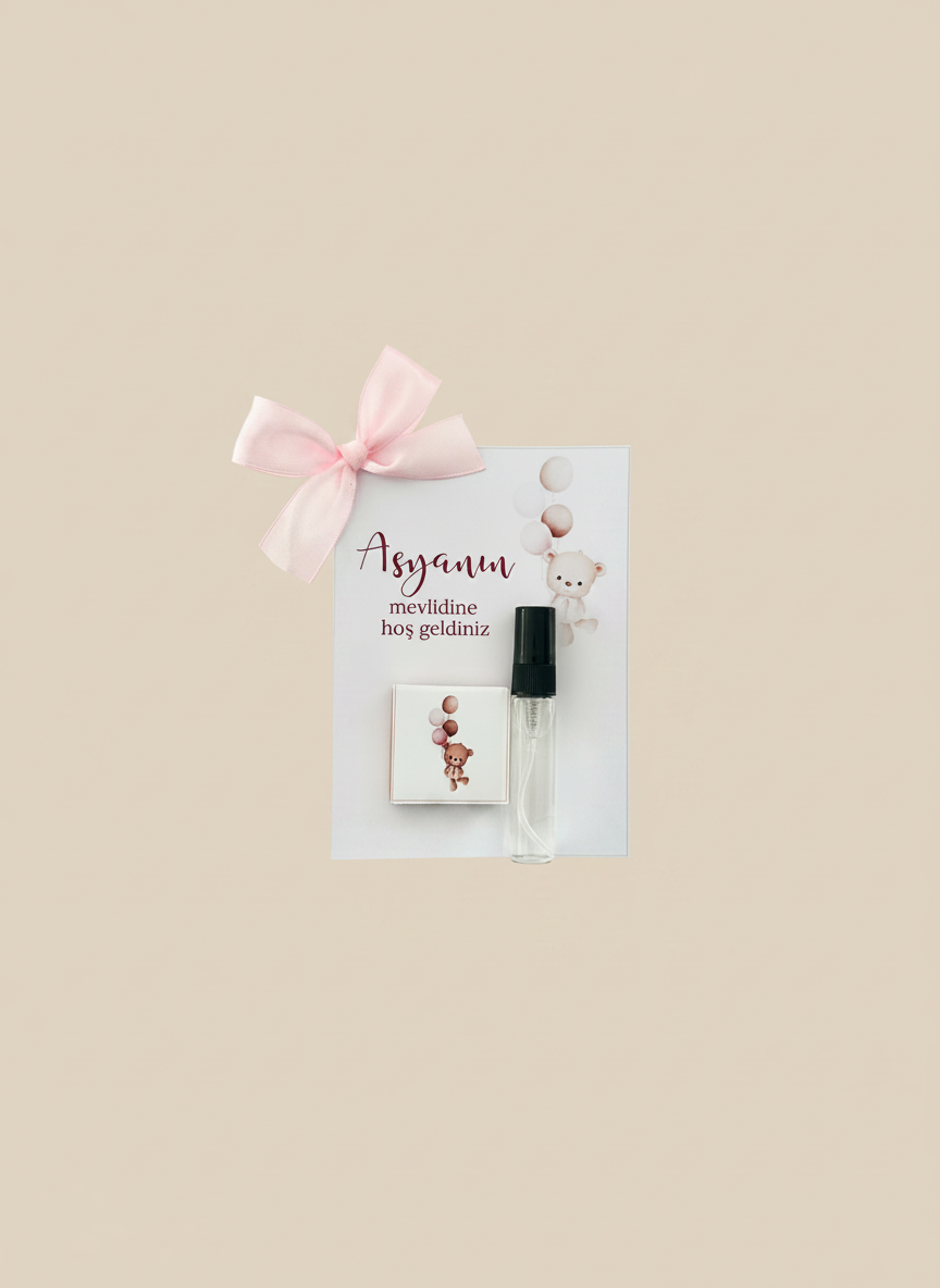 Teddy Bear Baby Shower Perfume & Chocolate Card — Pink Bow Favour — Chocoodad Baku