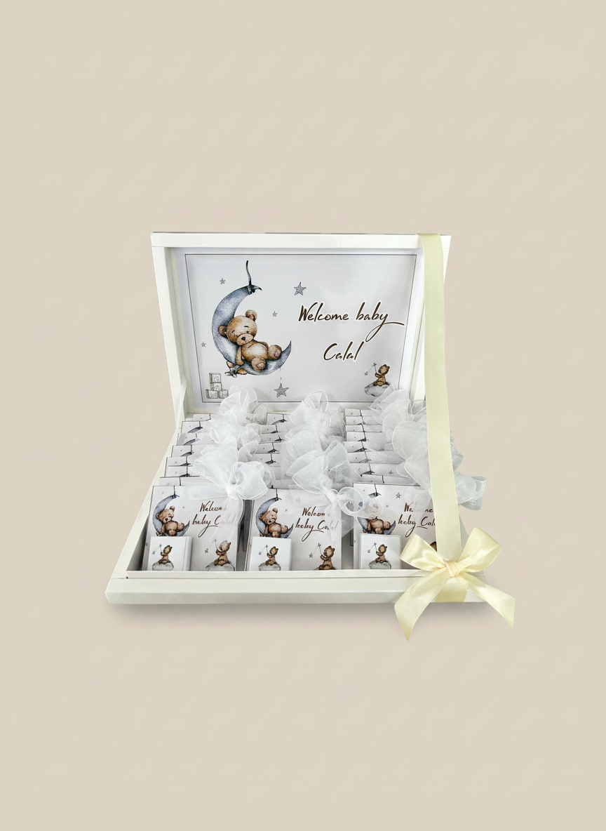 Teddy Bear Moon Newborn Shadow Box — 24 Chocolate Card Welcome Gift — Chocoodad Baku