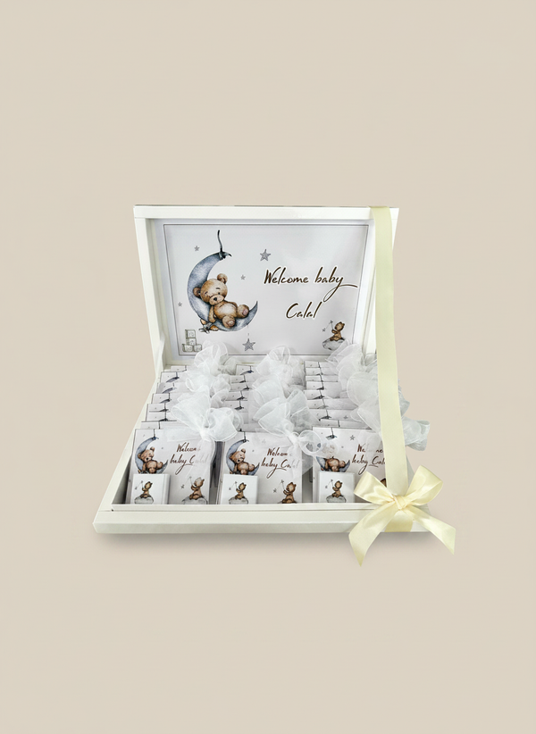 Teddy Bear Moon Newborn Shadow Box — 24 Chocolate Card Welcome Gift — Chocoodad Baku