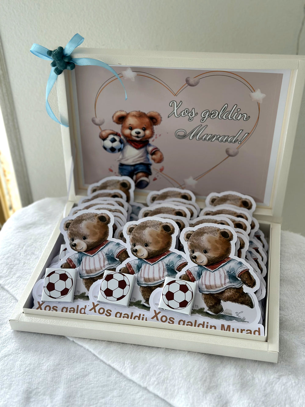 Football Theme Welcome Baby Boy Chocolate Box — White Newborn Gift Set — 30 Chocolate & Box — Chocoodad Baku