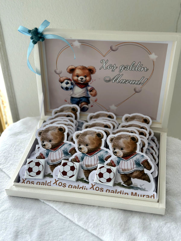 Football Theme Welcome Baby Boy Chocolate Box — White Newborn Gift Set — 30 Chocolate & Box — Chocoodad Baku