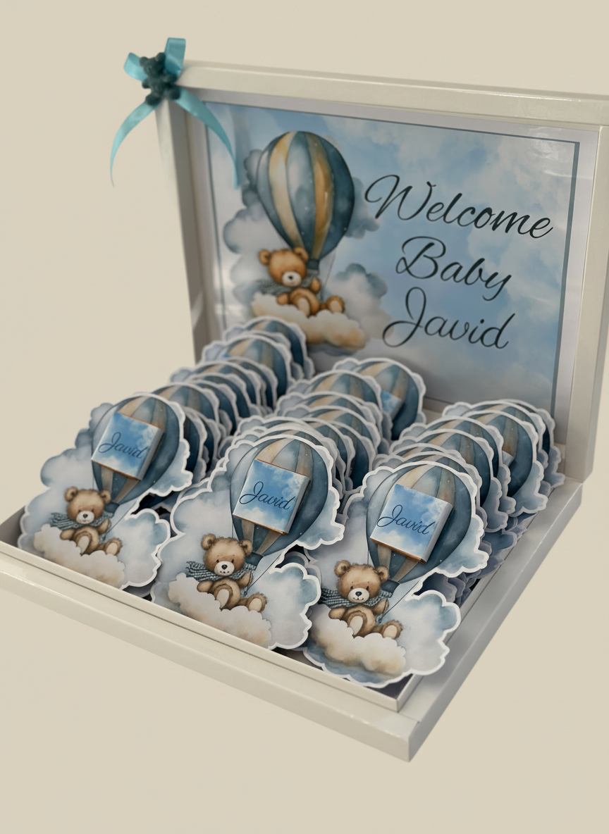 Teddy Bear Hot Air Balloon Baby Shower Chocolate Card Box — 24 Pieces — Chocoodad Baku